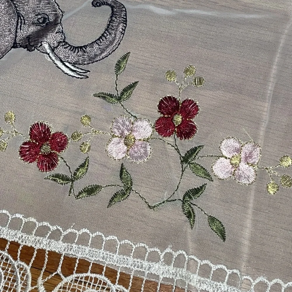 NEW 3 pc. Grace Embroidery Curtains Set: 2 Tiers & Swag, ELEPHANTS w FLOWERS